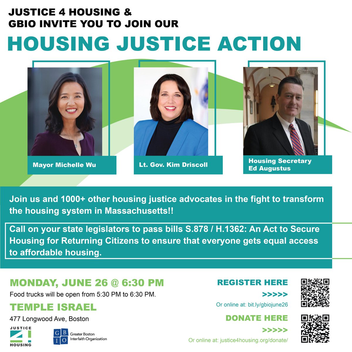 Excited for tonight’s <a href="/GBinterfaith/">GBIO</a> &amp; <a href="/Justice4Housing/">Justice 4 Housing</a> #HousingJustice Action at Temple Israel #Boston, w/ speakers <a href="/MassLtGov/">Lt. Governor Kim Driscoll</a>, <a href="/MayorWu/">Mayor Michelle Wu 吳弭</a> &amp; <a href="/MA_EOHLC/">Secretary Ed Augustus Jr.</a> Sec Augustus!Policy agenda covers #housingproduction, real estate #transfertax, #publichousing &amp; reentry #housing, &amp; Food Trucks!😄