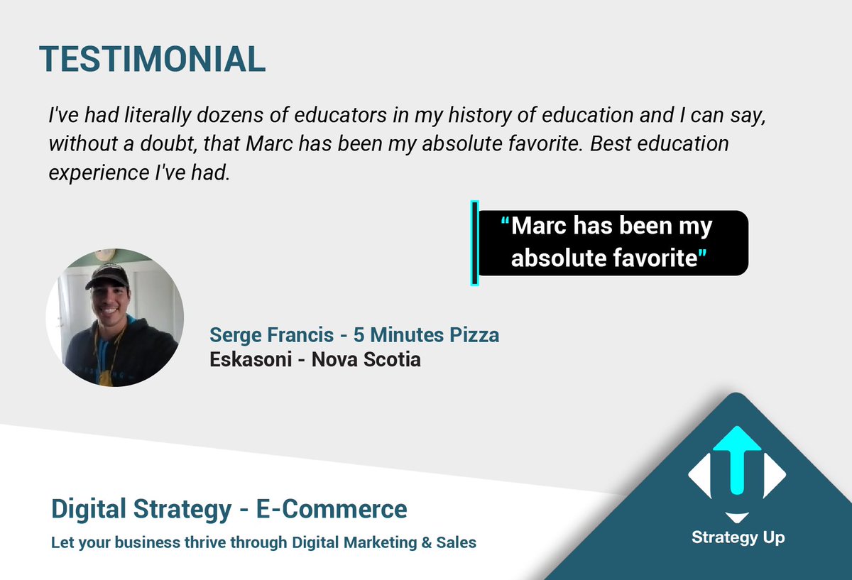 Another testimonial from Serge Francis, the owner of 5 Minutes Pizza in #Eskasoni ; #NovaScotia. Thank you Serge for your kind words. It was a tremendous pleasure to have you in our E-Commerce program. You've been vibrant and added lots of value to the program.