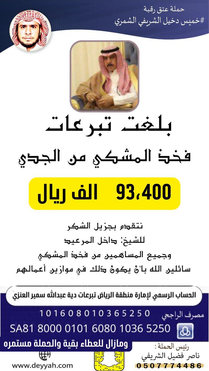 AlSharifat1's tweet photo. 🔰أعلان🔰

تتقدم لجنة #حملة_سجين_شمر
لـ #عتق_رقبه_خميس_الشمري
بجزيل الشكر والعرفان
لـ فخذ المشكي من الجدي

على إيداعهم مبلغ 93,400 الف ريال 
 
والحملة لا زالت مستمره من المشكـي 
شاكرين لهم هذه الفزعه والعطاء الجزل
جعل الله ذلك في ميزان حسناتهم. https://t.co/2FM5sTq2Vx