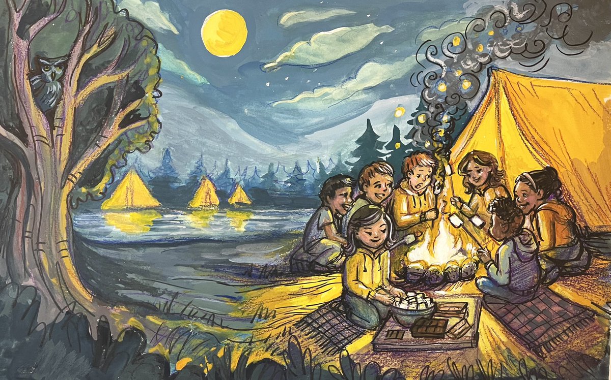 Here’s my submission for the #SCBWIDrawThis for this month. Prompt: “yellow”. I’ve been inspired by summer camping trips lately, I imagined kids roasting marshmallows by a campfire, under the light of a bright yellow moon. Check out my process reel: instagram.com/reel/Ct8OjiVN_…