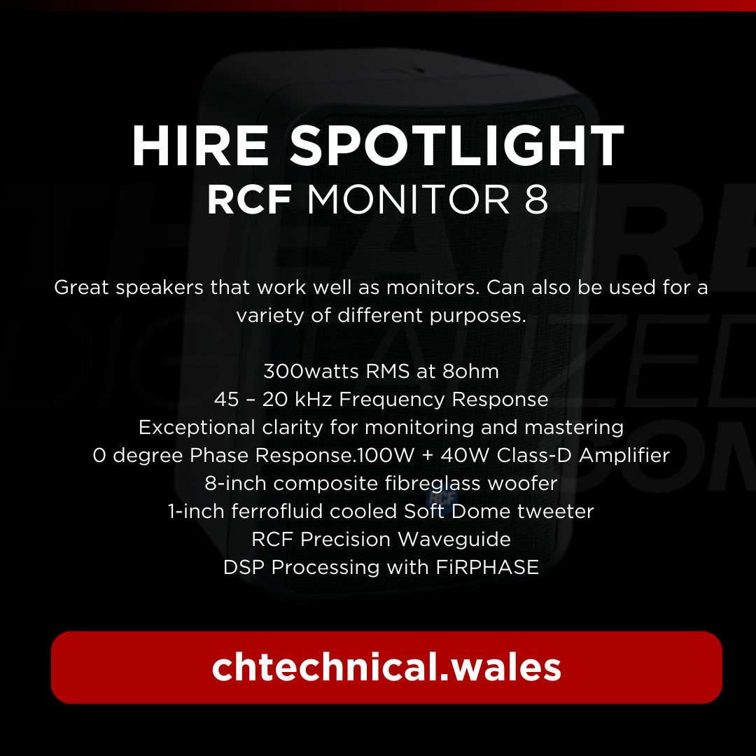 📦 CHTECHNICAL HIRE SPOTLIGHT 📦

This week we've got these awesome RCF Monitor speakers which work great for... well, monitors.

#chtechnical #lighting #theatre #southwales #hirespotlight #rcf #speakersystem #sound #theatresound