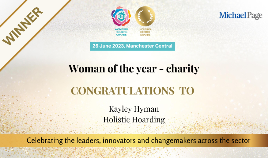 Well done to Kayley Hyman (Holistic Hoarding) for winning our 'woman of the year - charity' award! Sponsored by @MichaelPageUK #WomeninHousing
