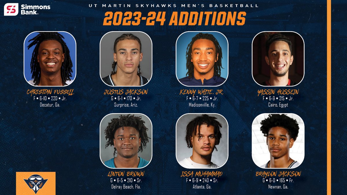 MBB: <a href="/SkyhawkHoops/">UT Martin Basketball</a> reloads with 7️⃣ additions!

🏀 Christian Fussell
🏀 Justus Jackson
🏀 Kenny White, Jr.
🏀 Yassin Hussein
🏀 Linton Brown
🏀 Issa Muhammad
🏀 Braylon Jackson

They join fall signee Jacob Crews as newcomers on the 2023-24 roster

Release: bit.ly/3NPnc3k