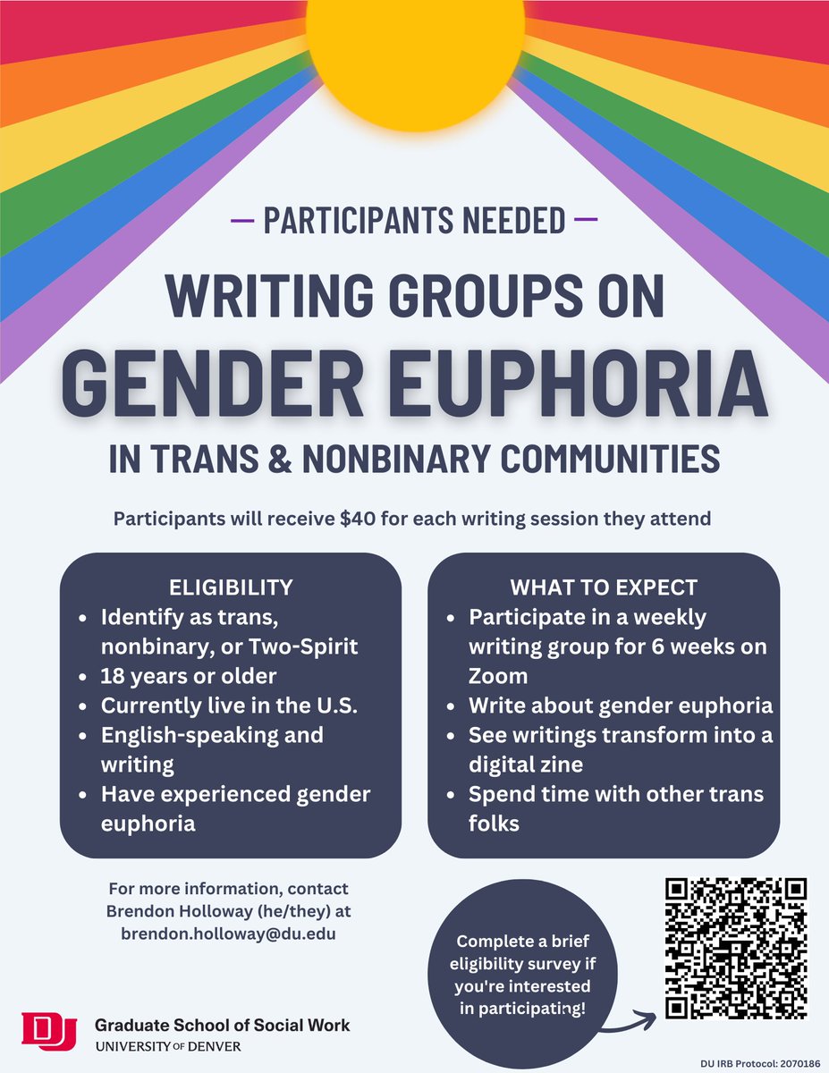 I'm excited to announce that I am now recruiting participants for my dissertation on gender euphoria in trans and nonbinary communities! The eligibility survey can be completed here: udenver.qualtrics.com/jfe/form/SV_8c…

Please share with your networks!