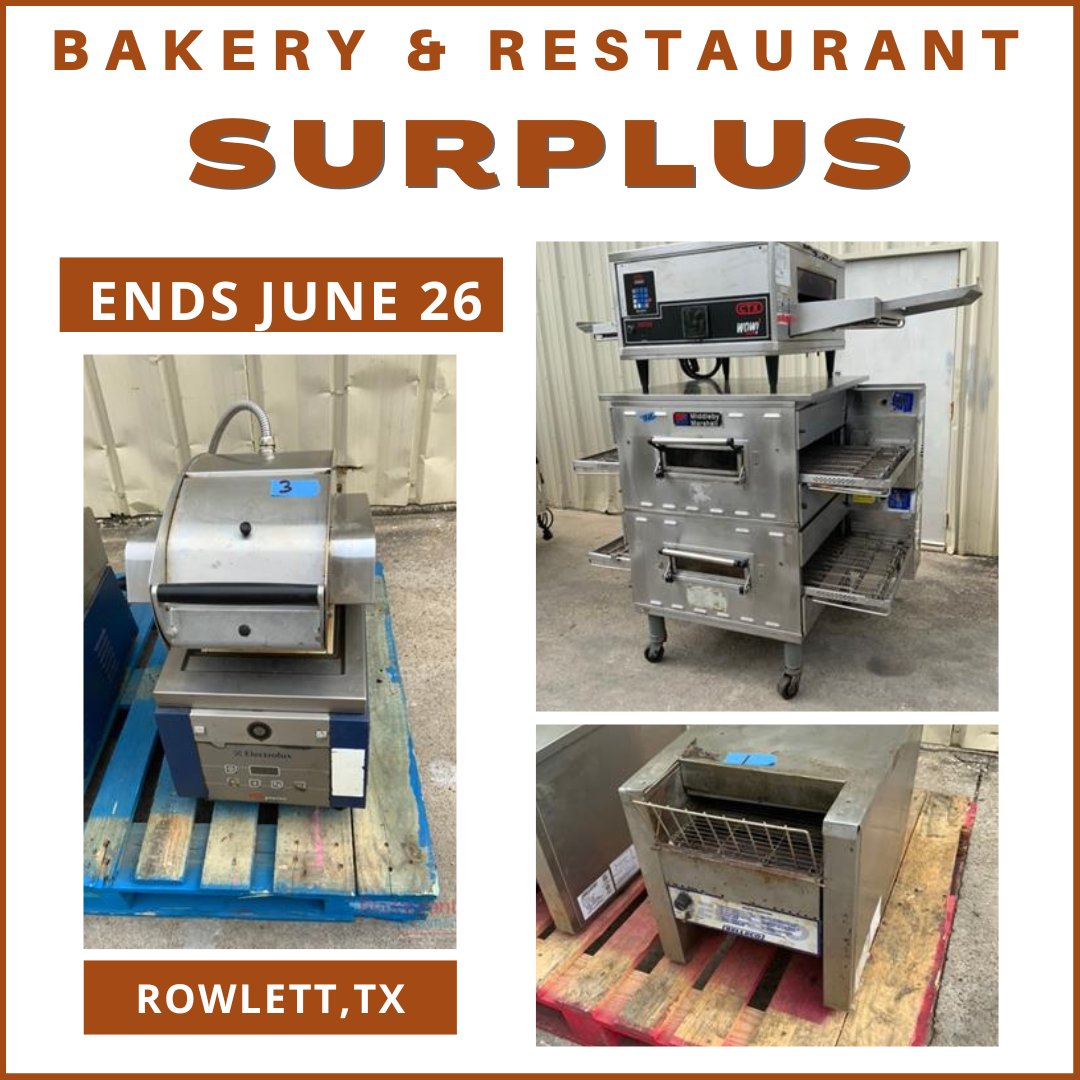 Bakery & Restaurant Surplus in Rowlett, TX is closing! Bidding starts at $1!!! Don't miss your chance to bid! Hurry now!!!👀 #restaurant #restaurantowner #surplus #equipment #kitchen #sale 
ow.ly/8tEE50OXlmi