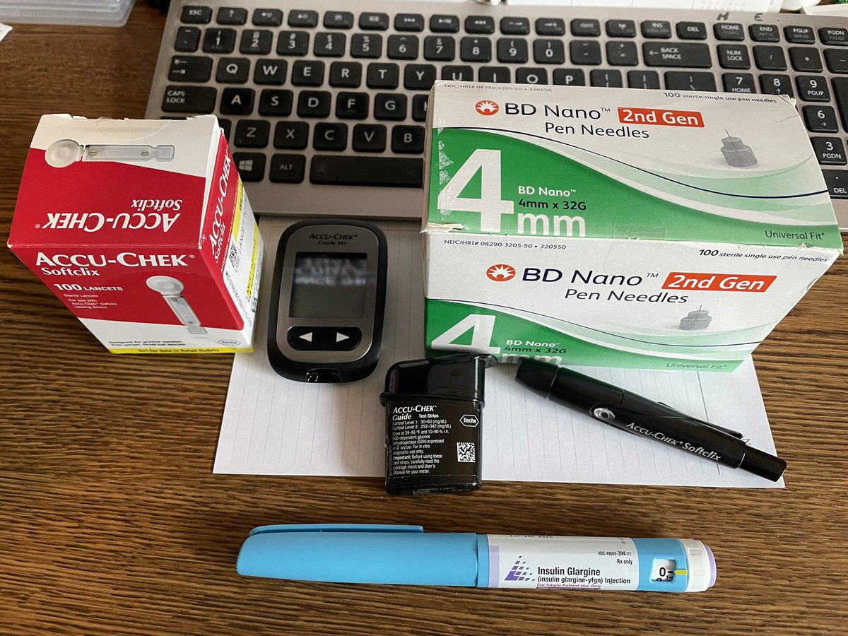 New toys from my docs. The steroid I’m taking for chemo has raised my blood sugar.  Now the guy who hates needles has to poke himself 2x a day &amp; then give himself a shot (actually a pen injection; needle’s not very long). 🙂 #CancerSux #ChemoSuxEvenMore #GetYourColonoscopy