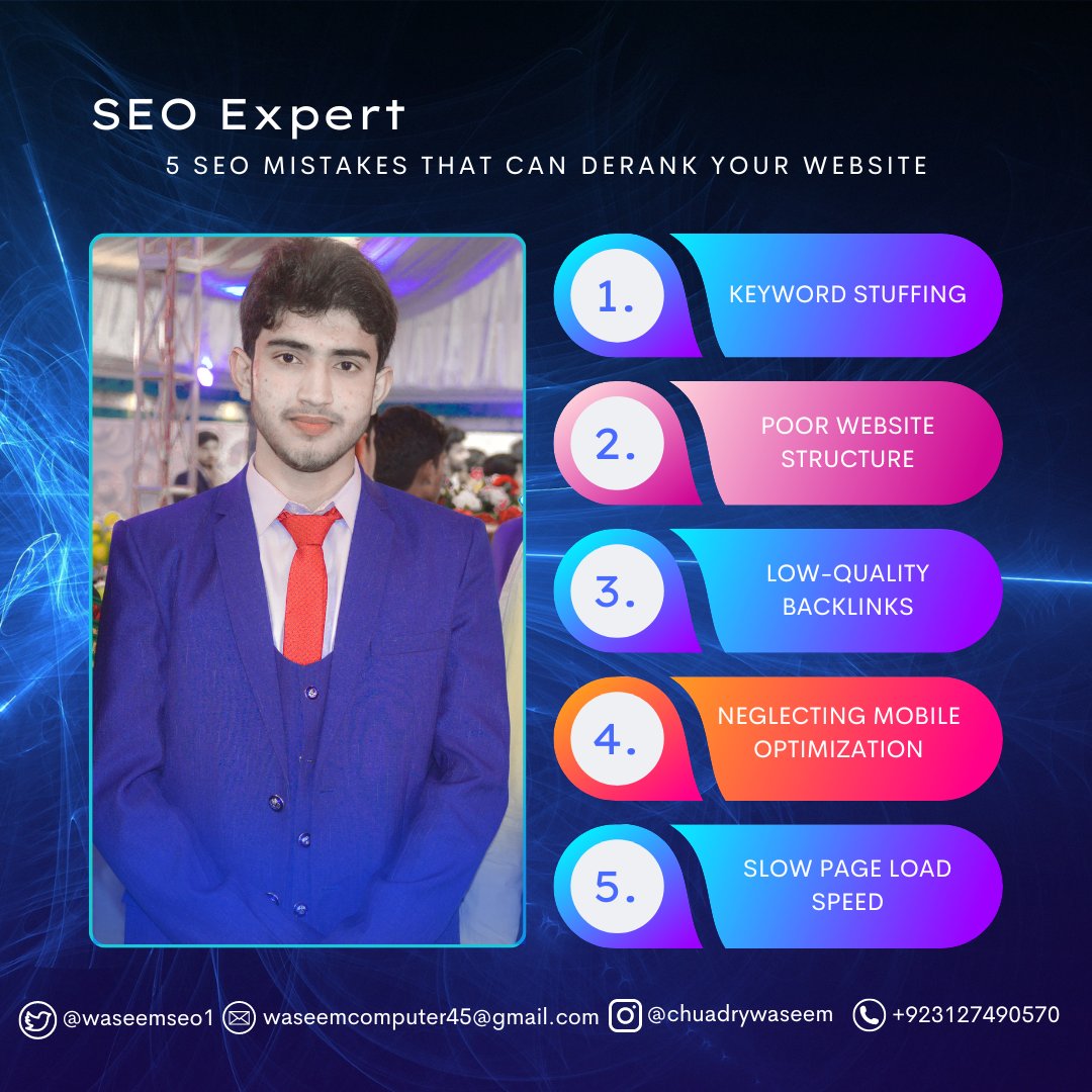 🔍 5 #SEOMistakes That Can Derank Your Website:
1. Avoid excessive keyword usage.
2. Organize website structure for easy navigation.
3. Optimize for mobile users.
4. Focus on high-quality backlinks.
5. Optimize page loading speed. #SEO #WebsiteRanking