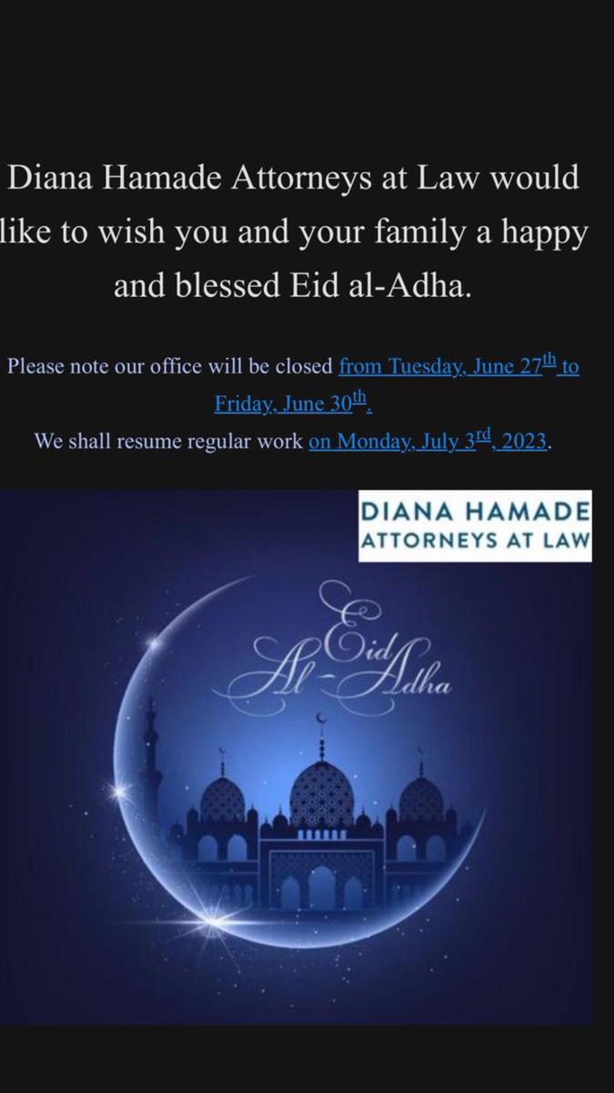 "Eid Mubarak! May this auspicious day of Eid-ul-Adha bring joy, prosperity, and blessings to your life." dianahamadelaw.ae