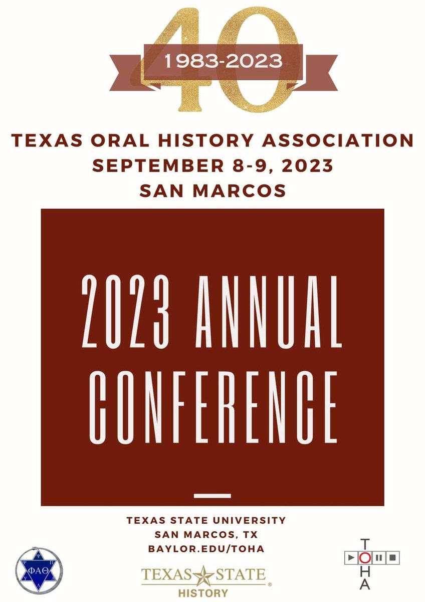 Hello TOHA members and friends! 

Join us Sept 8-9 at Texas State for our annual conference! We will also be celebrating 40 years as an #oralhistory org! 🎂🎉

Mark your calendars and get those submissions ready!