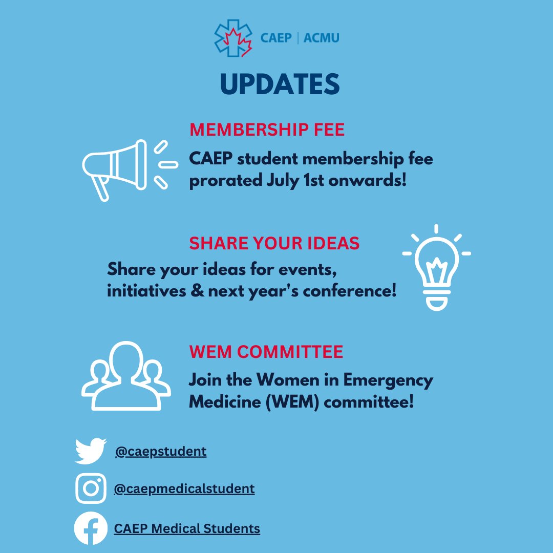 Happy Monday everyone! Exciting updates: 1. CAEP student membership fee prorated July 1st onwards! 2. Share your ideas for events/initiatives & next year's conference here: bit.ly/42XFIL1 3. Join the Women in Emergency Medicine (WEM) committee! bit.ly/43ZKtFb