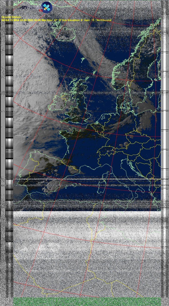 DELESTRENicola2's tweet photo. π«π· NOAA 15 26-06-2023 20:30 Max Elev: 87Β° W Sun Elevation: 9Β° Gain: 15 | Northbound
#NOAA #NOAA15 #NOAA18 #NOAA19 #MeteorM2 #weather #weathersats #APT #LRPT #wxtoimg #MeteorDemod #rtlsdr #gpredict #raspberrypi #france #ISS https://t.co/MvJGF4goU2