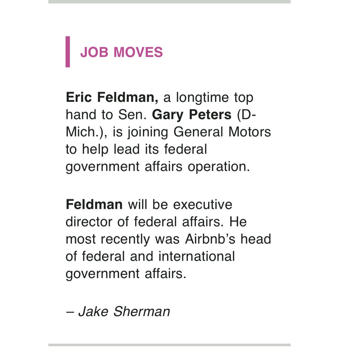 ejfeldma's tweet image. I am excited to join General Motors today as Executive Director of U.S. Federal Affairs and its lead Democratic federal lobbyist. I look forward to working with policymakers as GM drives toward a future of Zero Crashes, Zero Emissions and Zero Congestion. #iworkforGM