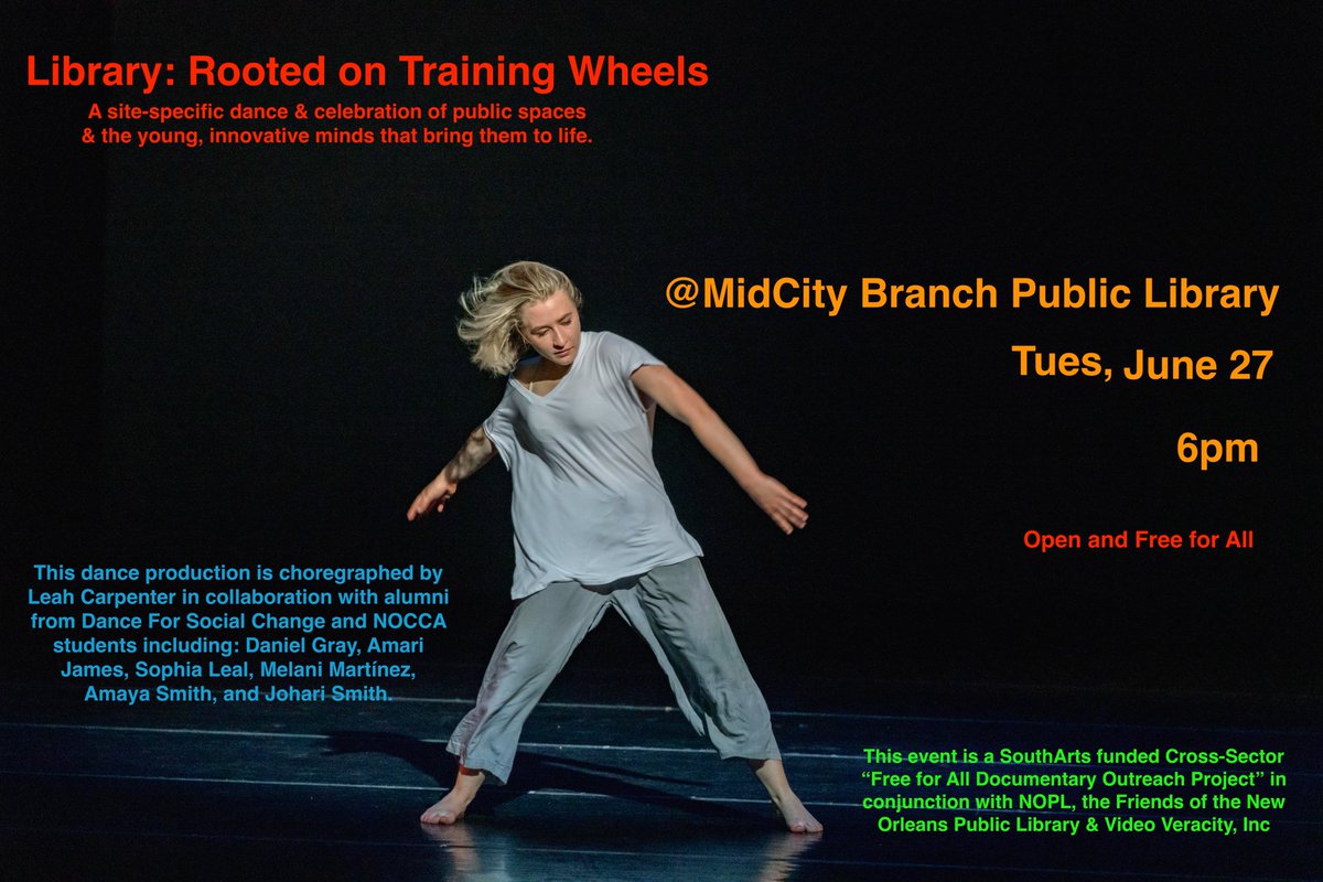 FreeForAllFilm's tweet image. Tomorrow, 6/27 at 6pm. Free site-pacific dance performance at the Mid-City Public Library!
In collaboration with @southarts 

#danceforsocialchange #publicspaces #NewOrleans