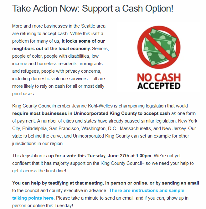 FromTheHeartPNW's tweet photo. FYI if you've got the time &amp; stomach for a King County Council meeting tomorrow, consider writing in or testifying in support of requiring business to take cash! Cashless businesses are discriminatory to folks who rely on cash, but are unfortunately becoming more and more common. https://t.co/h5TJZLziyQ