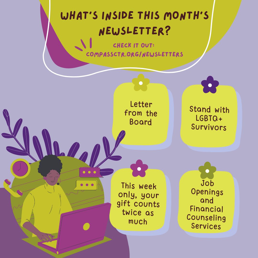 Cool job opps, a letter from the board, an invitation to stand with LGBTQ+ survivors, financial counseling, and doubling the impact of your gifts? Sounds like a great read! Check it out here: compassctr.org/newsletters (link in bio).