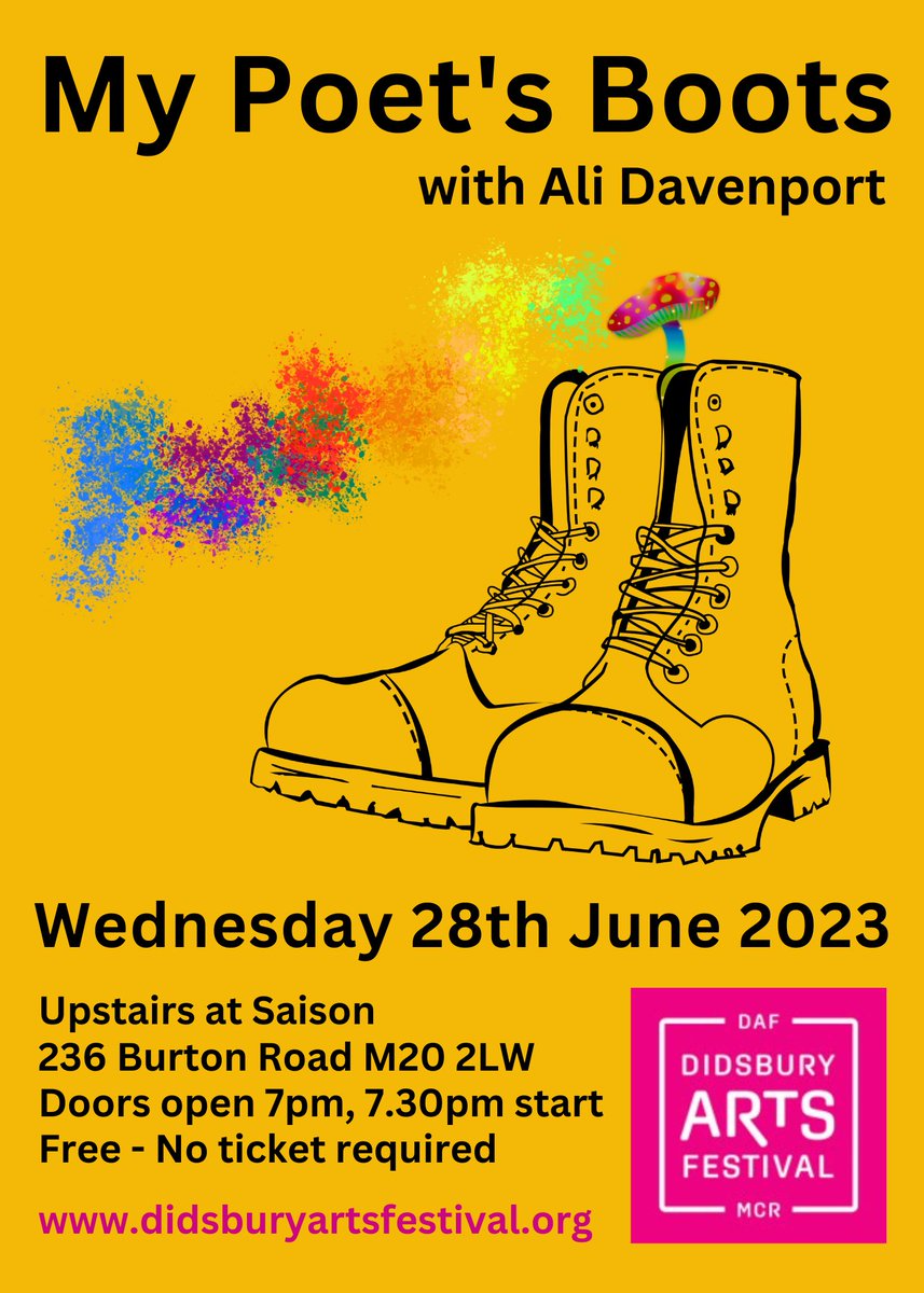 My Poet's Boots - My free event for @DidsArtsFest, this Wednesday 28 June at Saison in West Didsbury, doors open 7pm. Here's the link to reserve tickets: eventbrite.com/e/my-poets-boo… #poetry #connection