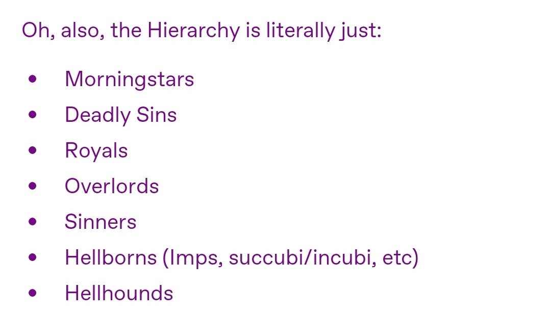 Apparently, there're ppl confused by the hierarchy in #HazbinHotel and #HelluvaBoss. So, I just quickly wrote this out. @VivziePop I don't wanna accidentally spread misinfo. Gimme a sign pls 🙏🏽