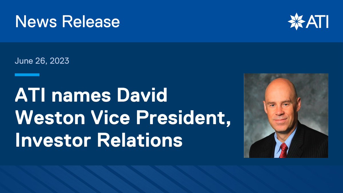 Today, we announced that David Weston is joining us as Vice President of Investor Relations, effective July 1. He'll work closely with ATI's business leaders and the investor community to support the company's business and financial strategy.

Read more: ir.atimaterials.com/news-events/ne…