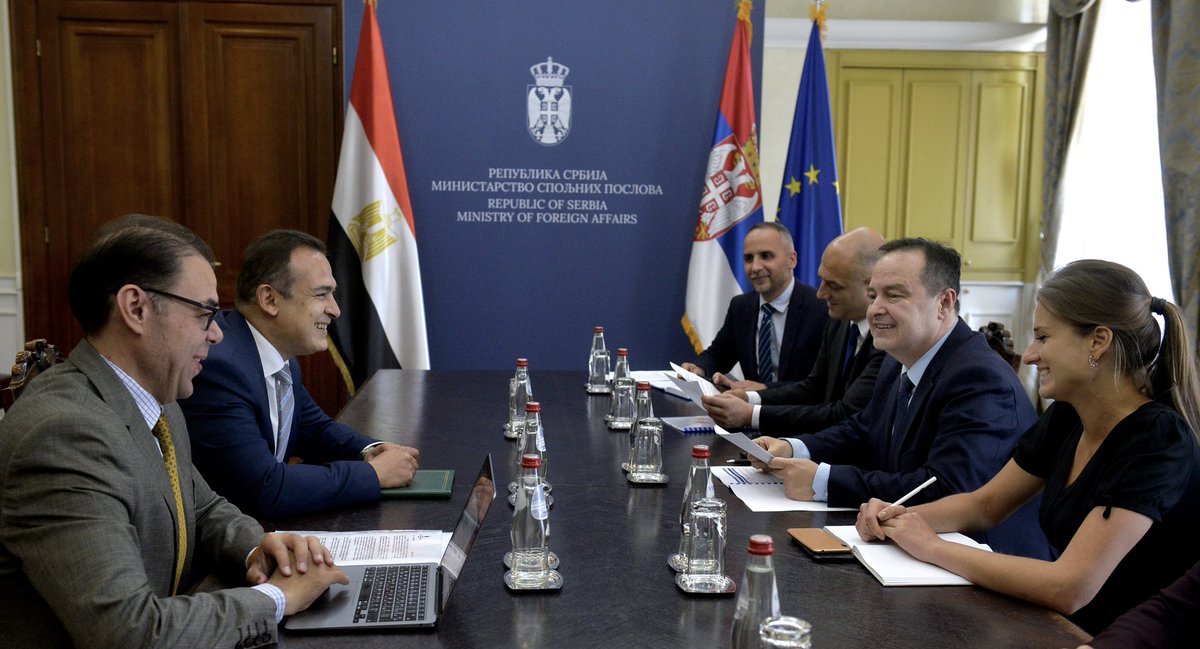 In a conversation w/#Egypt's Amb Basel Salah, DPM/FM #Dacic emphasized the readiness of #Serbia to continue developing overall coop, including exchanges of visits at the highest level. The ambassador congratulated #Serbia for winning the race for #EXPO2027 & wished us success🇷🇸🇪🇬