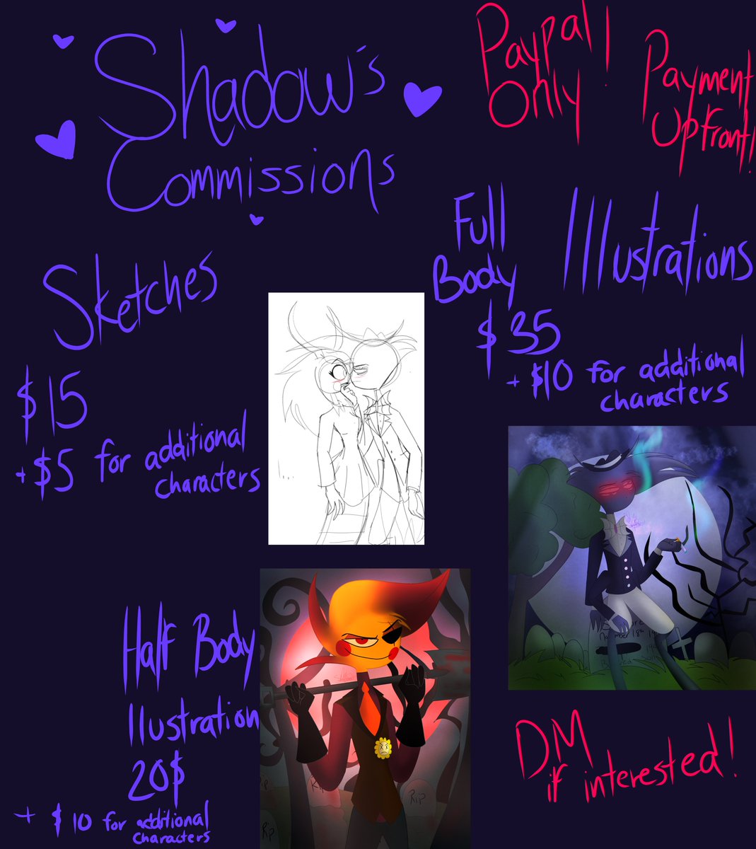 My commissions are open!!

I only accept paypal, and payment must be upfront 

NO NSFW,  FETISHES, OR SUPER COMPLICATED CHARACTERS
#commissionsopen #Commission #CommissionSheet #commissions