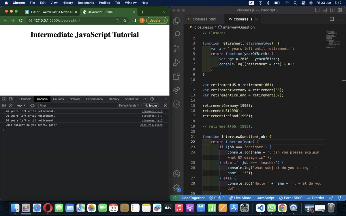 On day 47 of my thrilling #100DaysOfCode journey, I unlocked the secret power of closures in JavaScript! 🔥📚

Now, not only can I access variables from an outer function, but I can also access them within the inner function! 🚀💪