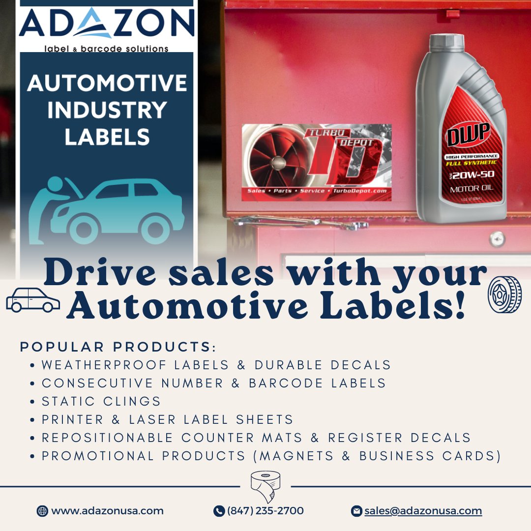 Make sure your product races off the shelves with Adazon's Automotive labels! 🚘 
.
#labels #customorder #customlabels #auto #automotivelabels #highqualityproducts #labelprinting #coloradobusiness #chicagolabels #autoindustry