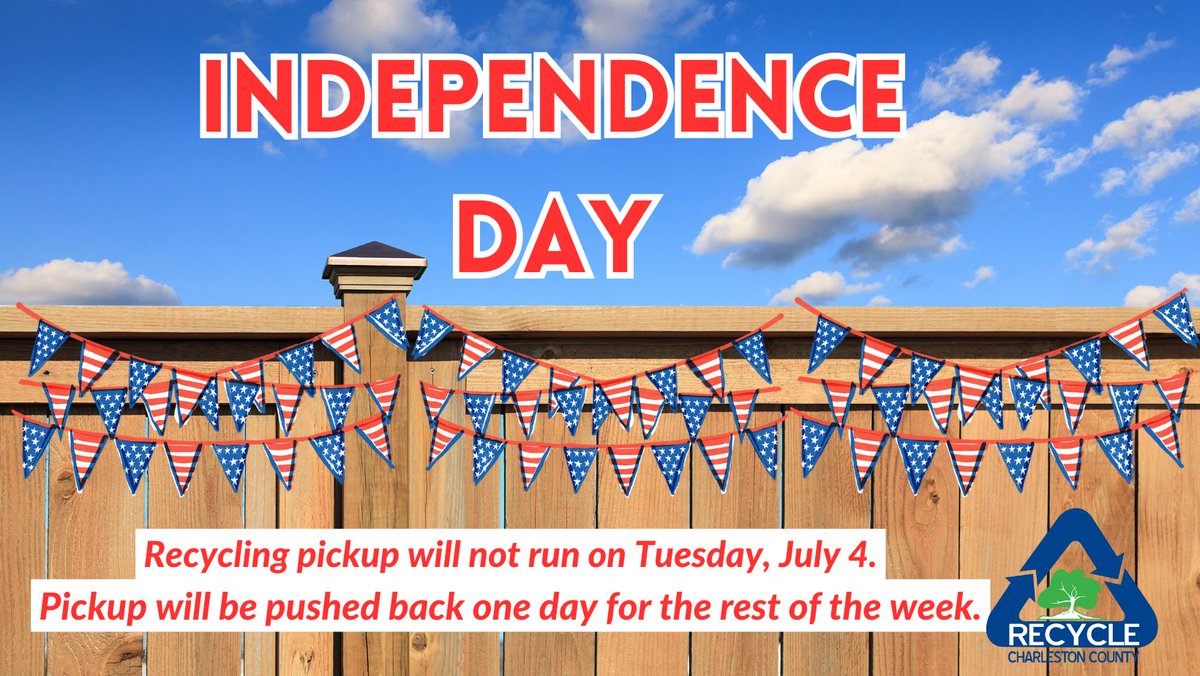 ChasCountyGov's tweet photo. Charleston County Government Offices will be closed on Tuesday, July 4 and will reopen on Wednesday, July 5.
Take note: Recycling pickup won't run on Tuesday and the schedule will be pushed back one day for the rest of the week.
#ChsCounty https://t.co/i70fxmG3XP