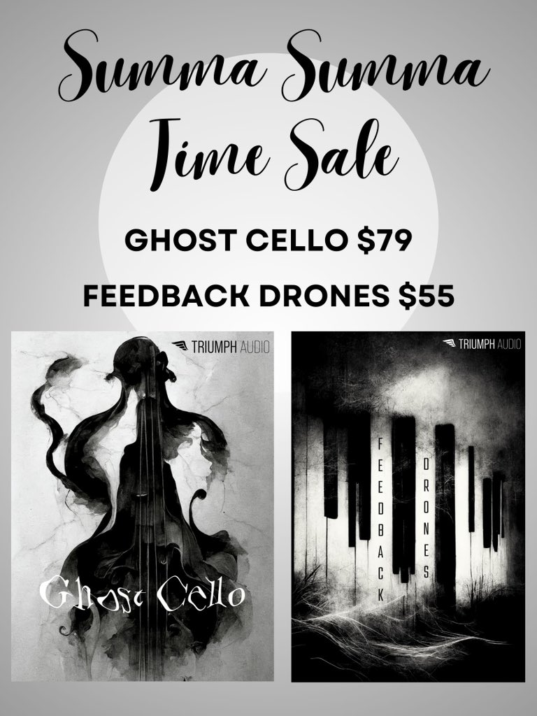 triumph_audio's tweet image. Summa Summa Time Sale!
Triumphaudio.com

Ghost Cello for solo cello fx, ambient movements &amp;amp; textures, pads and unusual articulations.
Feedback Drones has textures, drones, pads, leads, basses and rhythmic pulses. #samplelibrary #kontakt