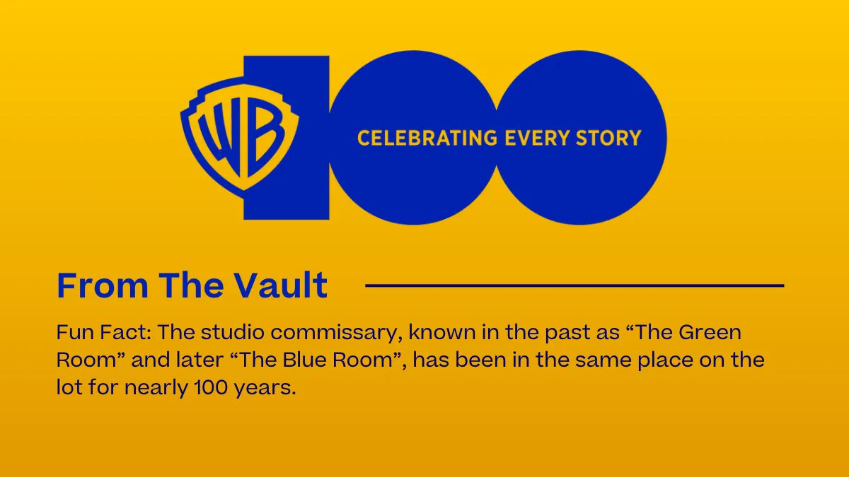 Warner Brother's 100th Anniversary | Celebrating Every Story | From The Vault | Fun Fact: The studio commissary, known in the past as “The Green Room” and later “The Blue Room”, has been in the same place on the lot for nearly 100 years.