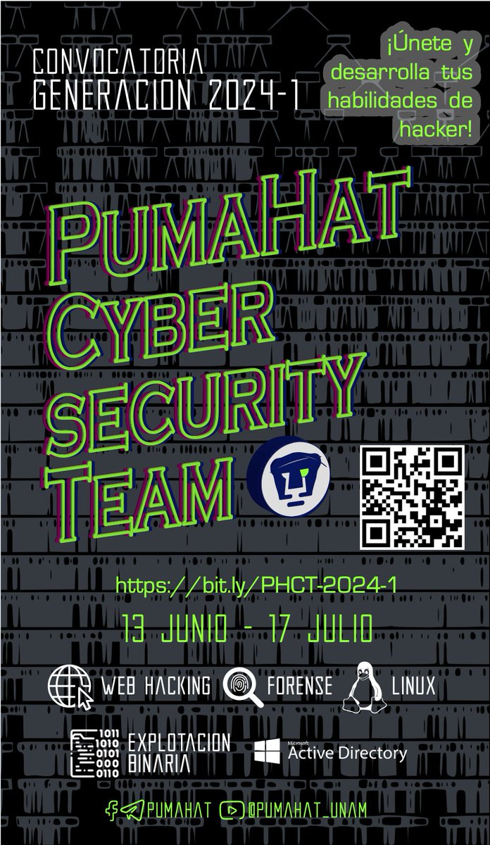 PumaHat Cibersecurity Team te invita a ser parte de su generación 2024-1:

docs.google.com/forms/d/1Aut08…