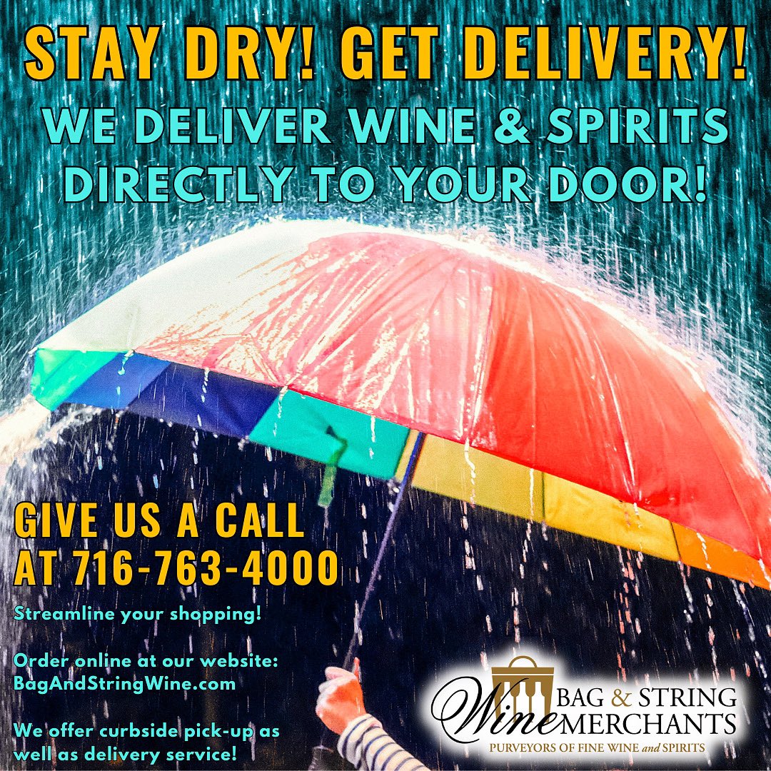 Don’t be shocked by the rain this week! Get your delivery orders in now!
SCHEDULE YOUR WINE &amp; SPIRITS DELIVERIES NOW!
🌧️🍷☔️🥃💯🎉
🚚📦🎁🍸💝🚨
Questions about delivery!? Call us at 716-763-4000! Or email info@BagAndStringWine.com
bagandstringwine.com