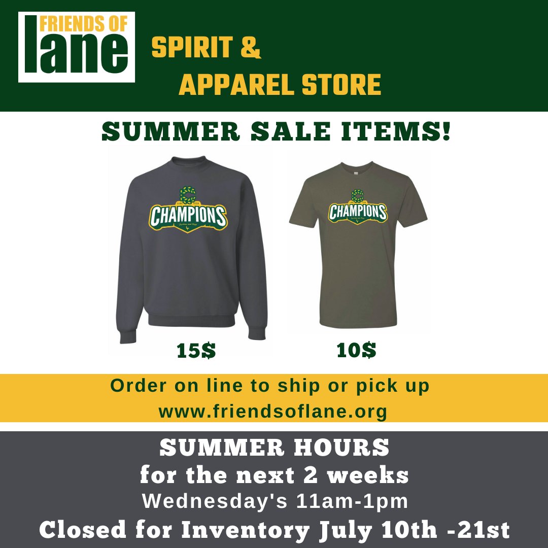 FriendsofLane1's tweet image. Shop in-person at the spirit school on Wednesdays 6/28 and 7/5 from 11am-1pm.

Note: The spirit store will be closed for inventory July 10th-21st. (No in-person on online sales will be available.)  FriendsofLane.org

#FriendsofLane #LaneTech #LaneTechHS #GoLaneGo