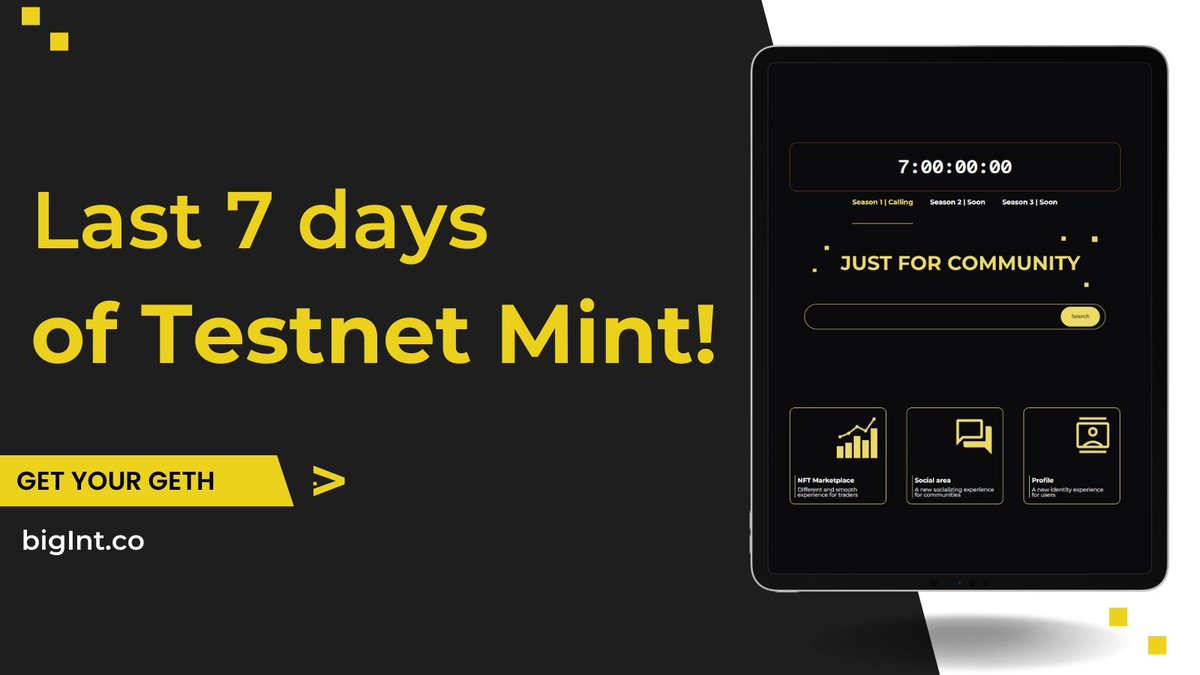 Last 7 days of Testnet Mint!

Don't miss to join our testnet and the chance to free mint in mainnet.

For Goerleth : bigint.co/faucet 
For Handle : bigint.co
#zkSync #zkSyncEra #BigInt