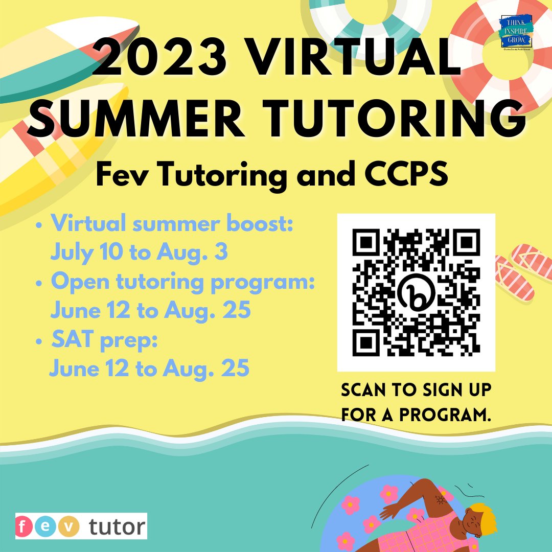 CCPS has partnered with FEV Tutoring to offer summer virtual learning programs for students. These programs include SAT prep courses, virtual summer boost programs and online tutoring. Learn more here: bit.ly/3p2EHmU.