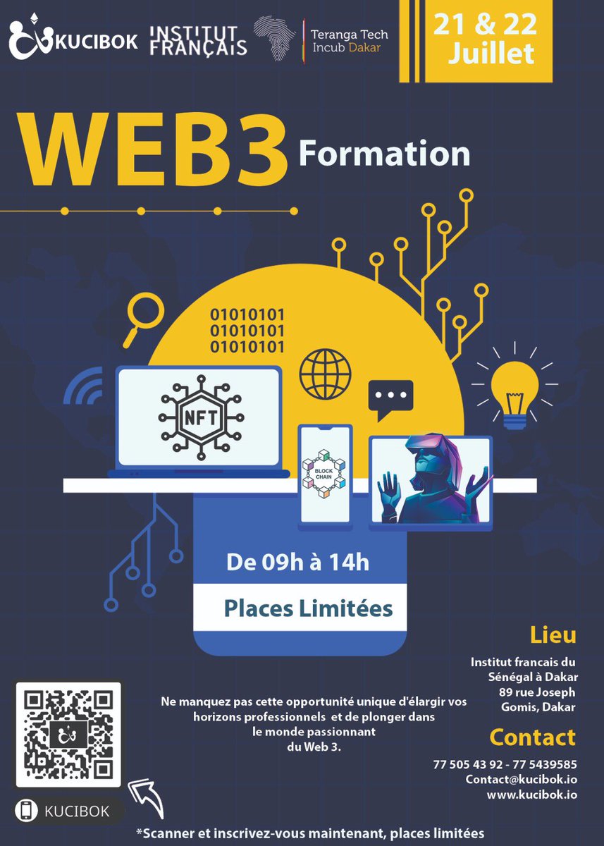 kucibok's tweet photo. Nous avons le plaisir de vous inviter à participer à une formation exclusive sur le Web 3.0, organisée par KUCIBOK au sein l'Institut Français du Senegal à Dakar. Pour vous inscrire à la formation, veuillez cliquer sur le lien d'inscription ci-dessous :  https://t.co/5qWsC0SAma https://t.co/A7UlXtlLoY