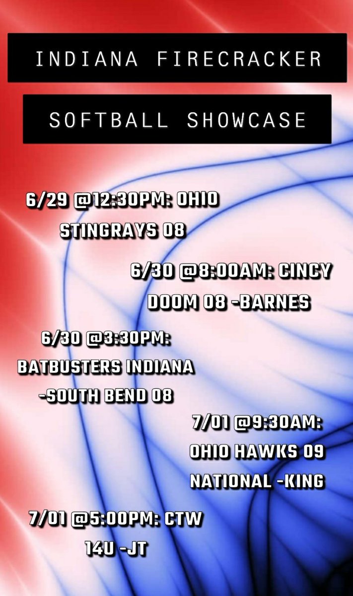 Here's the schedule for this weekends tournament at the Indiana Firecracker Softball Showcase! 🥎 <a href="/teampa08lynn/">team pa 08</a> <a href="/teampafastpitch/">Team Pennsylvania Fastpitch</a> <a href="/ginggga21/">Richele Hall</a> <a href="/ZipsSB/">Akron Zips Softball</a> <a href="/RMUSoftball/">RMU Softball</a> <a href="/Pitt_SB/">Pitt Softball</a> <a href="/OU_Softball/">Oklahoma Softball</a>