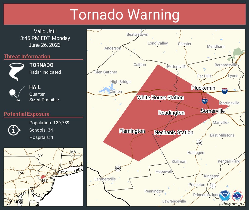NWS Mount Holly on Twitter "Tornado Warning including Somerville NJ, Raritan NJ and Flemington