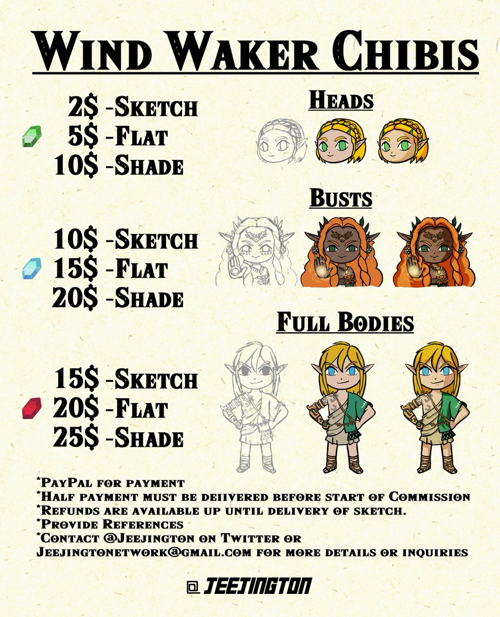jeejington's tweet photo. I have various styles. At the moment I have a commission sheet for windwaker chibis but I'm open to being commissioned for work/pieces other than that #art #commissionsopen #panel #chibi #jojo #Zelda #emotes #twitch #samuraichamploo https://t.co/4cl2GS063M
