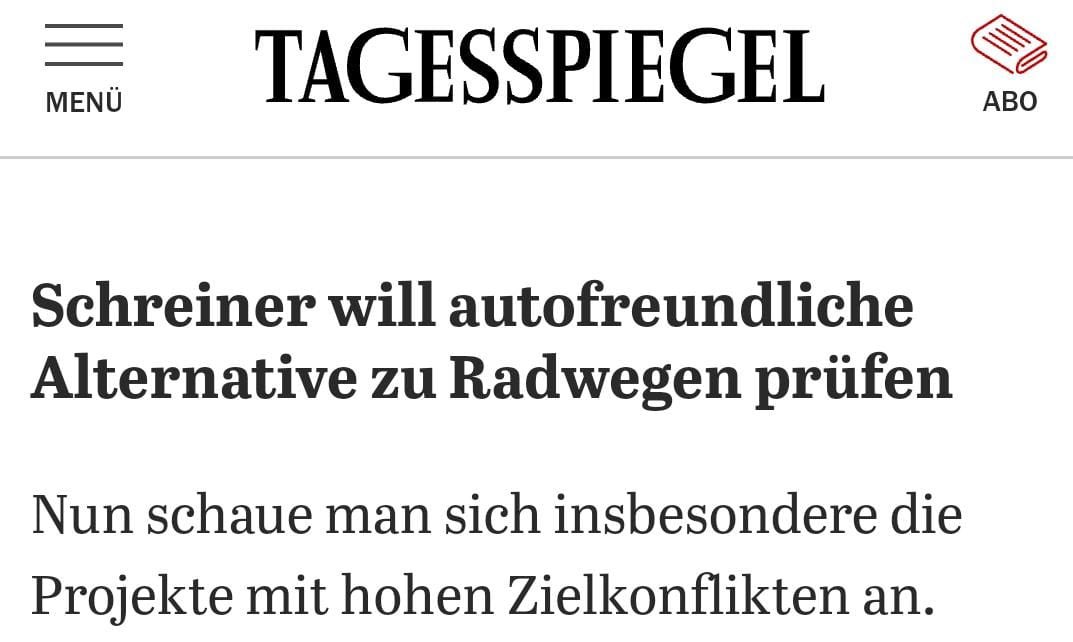 Berlin 2023 - Verkehrssenatorin prüft autofreundliche Alternative zu Radwegen.

Keine Pointe.