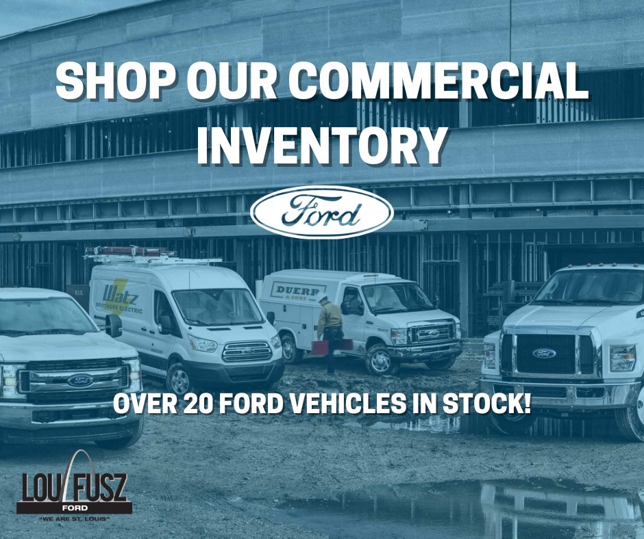 Looking for a Ford Commercial Vehicle for your business? Come check out our selection at Lou Fusz Ford or online at bit.ly/3BQ84dH

#loufuszautomotivenetwork #fuszfamily #loufusz #ford #commercialvehicle #wearestlouis #van #commercial
