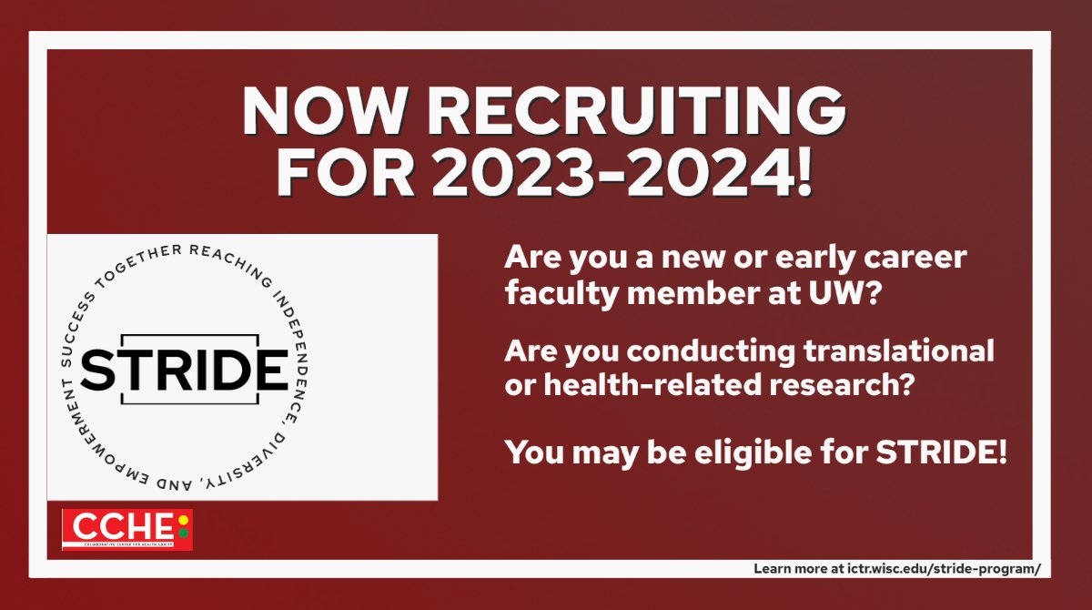 .@UWCCHE invites new and early career faculty at #UW to join STRIDE, which provides monthly professional development seminars, mentorship training and two mentor meetings led by Dr. Olayinka Shiyanbola. Learn more or apply at ictr.wisc.edu/stride-program