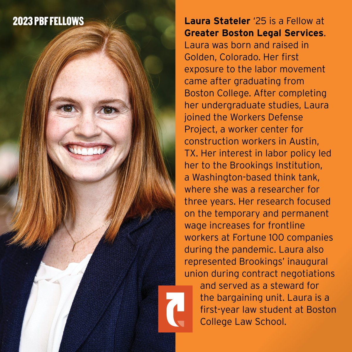 PeggyBFund's tweet photo. Our 2023 PBF Fellow from @BCLAW has worked at @workersdefense and @BrookingsInst, researching the temporary and permanent wage increases for frontline workers during the pandemic. This summer, she'll bring her deep knowledge to a fellowship at @BostonLegalAid. Congrats Laura! https://t.co/kfFCsvJ8SC