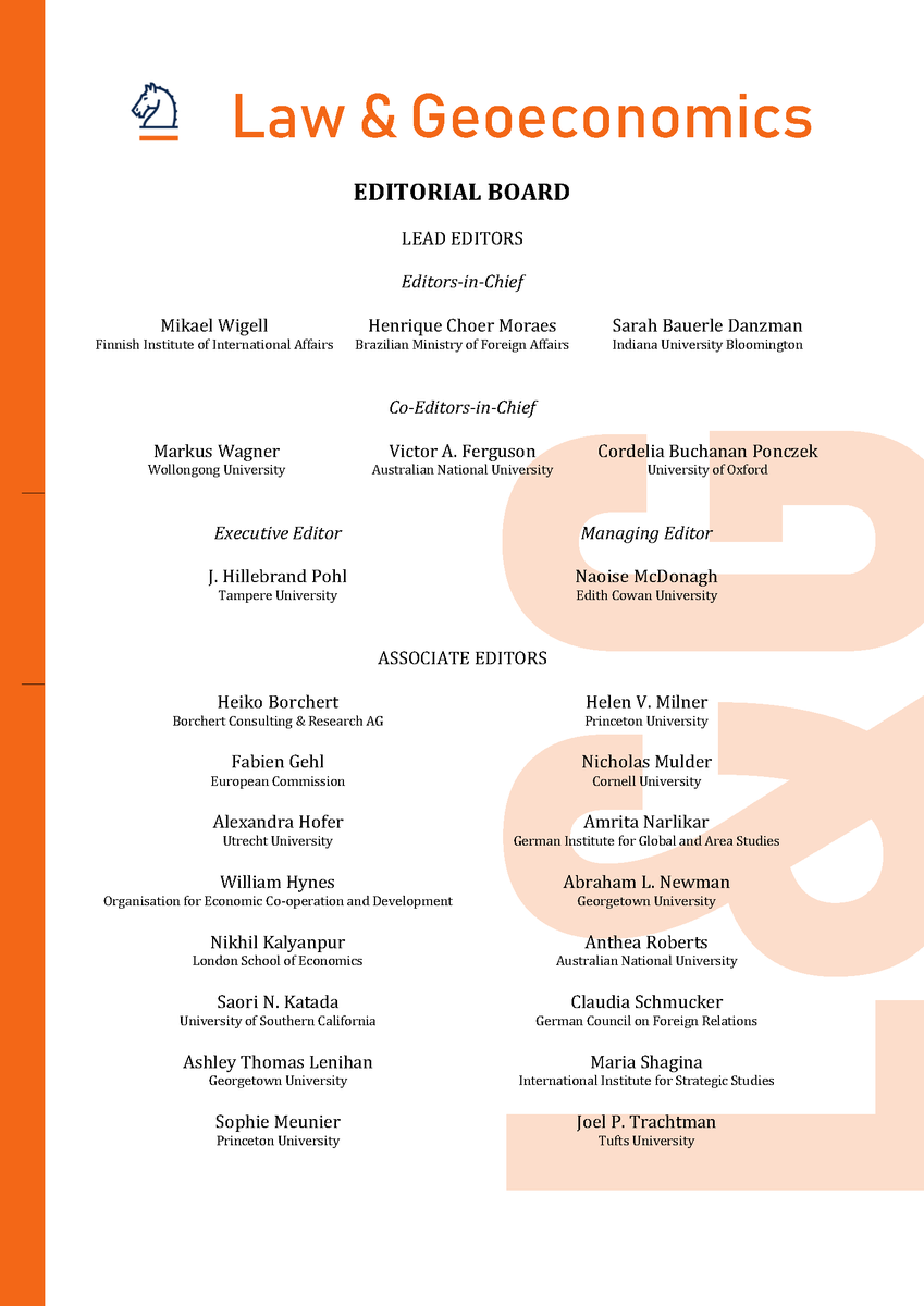 NEW MASTHEAD | @Law_Geoecon is pleased to unveil the masthead of the new peer-reviewed journal 'Law & Geoeconomics' featuring @SophieLMeunier @hvm1 @njtmulder @NikKalyanpur @AmritaNarlikar @ANewman_forward @AntheaERoberts @maria_shagina @JPTrachtman @VictorAFerguson @FabienGehl