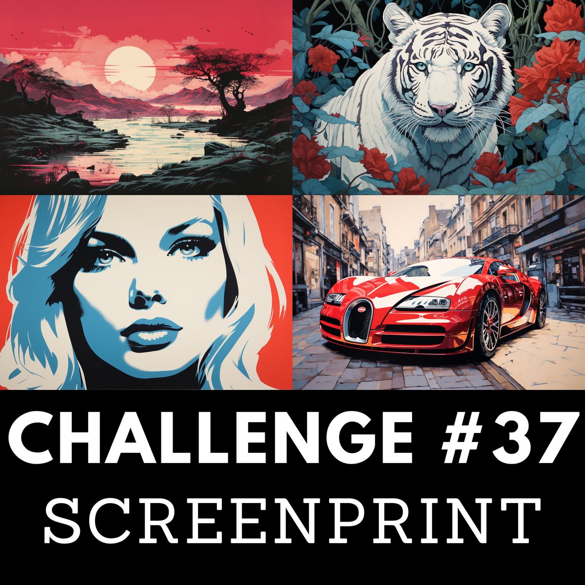 Today's AI art challenge #37:
'SCREENPRINT'!!!

Prompt: [subject], Screenprint --ar 3:2

Share your prompt in ALT so we can learn together🤝

Like & RT♻️

Excited to see what you come up with 📸

Tag friends you think would be interested ❤️

Learn more about Screenprint designs👇…