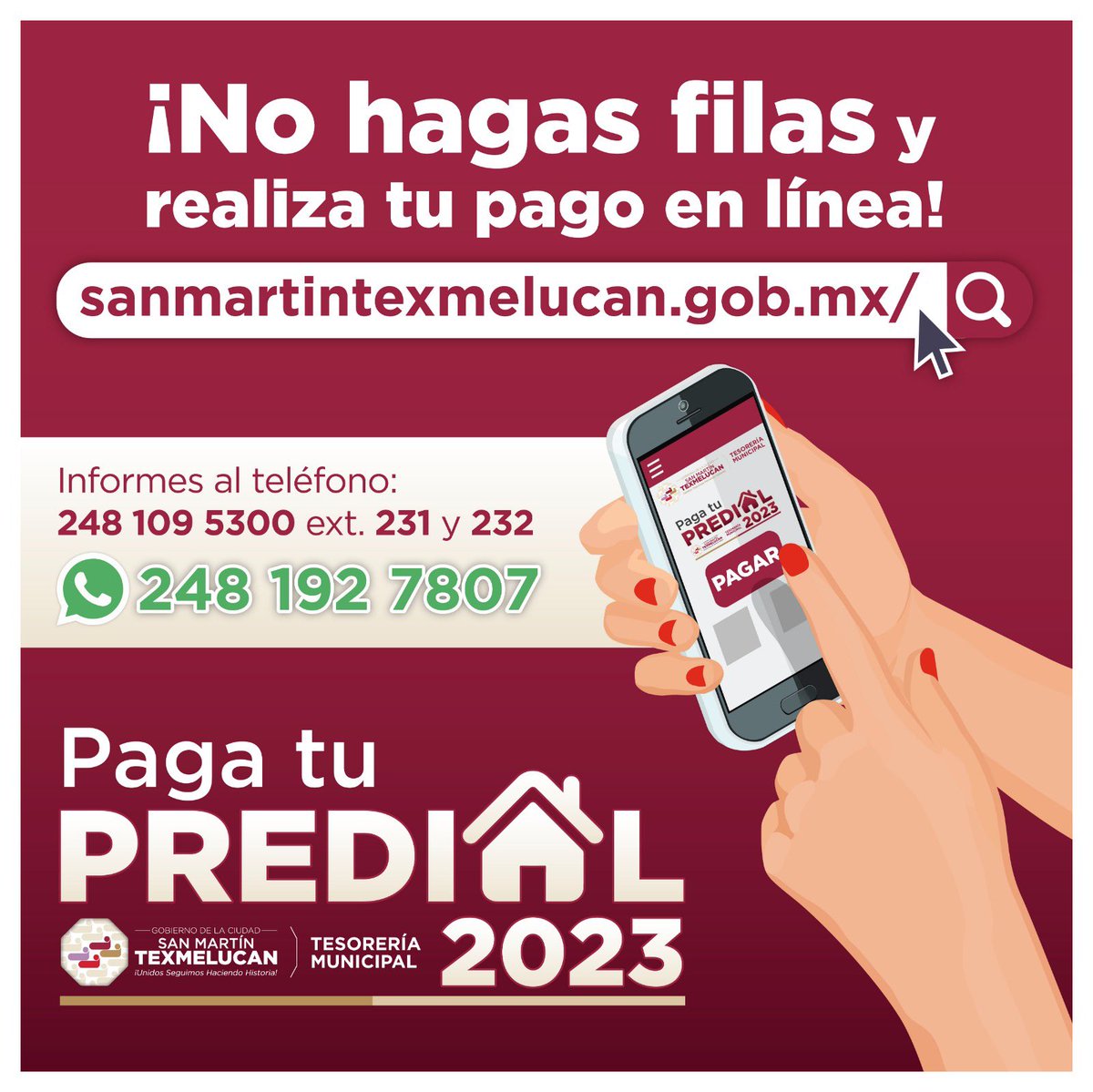 NormaLayon's tweet photo. Recuerda que también puedes realizar tu pago #Predial2023 🏠 en línea: https://t.co/mEgLyPePkx
Para más información comunícate vía WhatsApp 📱al 248 192 7807
#SanMartínTexmelucan https://t.co/Xt0M98sDme
