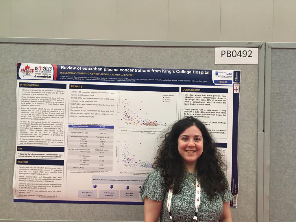 Enjoyed presenting our work on edoxaban concentrations from Kings Thrombosis Centre at #ISTH2023 in Montreal. Watch this space for a pharmacokinetic model!