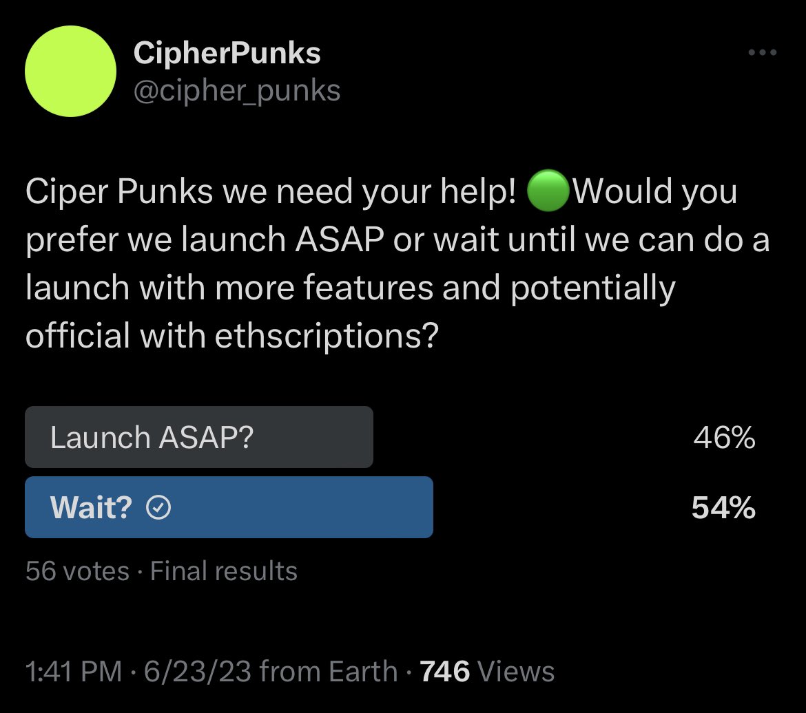 It was close but we will listen to the community and wait until we can launch the full 10k collection more natively with ethscriptions. Cipher Punks will take over soon 🟢