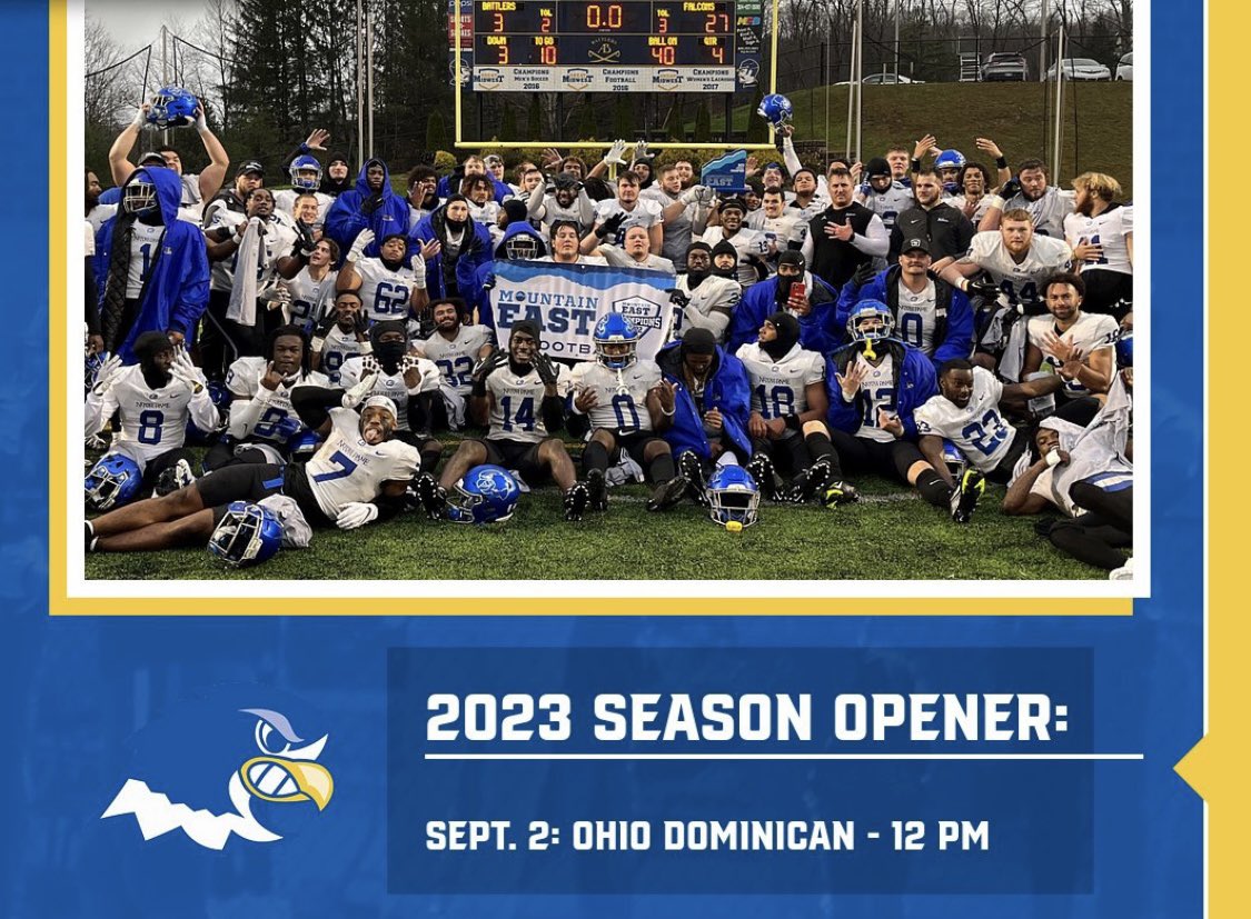 NDCFalcons's tweet photo. Notre Dame College footballβs dominance continued last year with a fifth consecutive Mountain East Conference Championship! #FlyAbove https://t.co/QWim6rSs0g