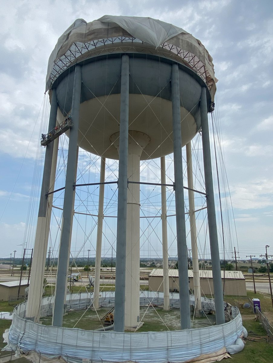 Blastco crews are working on this 1.5 MG elevated storage tank, including applying a new coating system to the interior and exterior surfaces, new military insignia logos, and structural repairs including replacing all of the existing interior rafters. tfwarren.com/companies/blas…