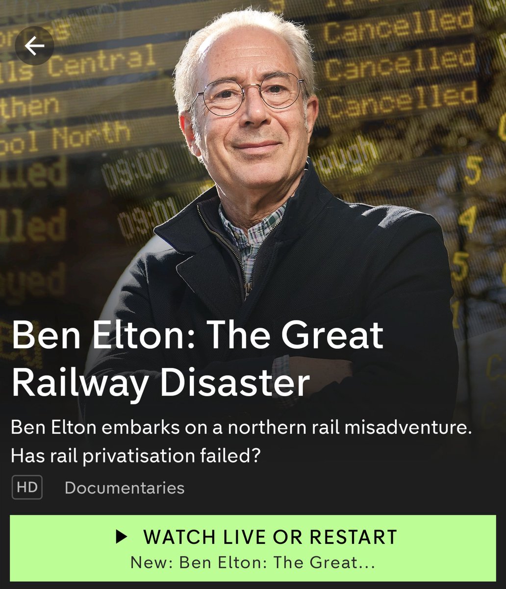 Watching Ben Elton's #TheGreatRailwayDisaster on #Channel4 -

The most biting, true-to-life appraisal I've yet seen, of the failures of UK rail privatisation in general;

And the paralysing, pathetic carnage of North-of-England train travel in particular
 channel4.com/programmes/ben…